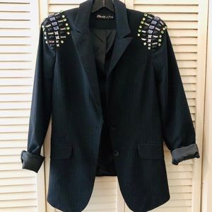 Elizabeth & James Black Pinstripe Jeweled Blazer